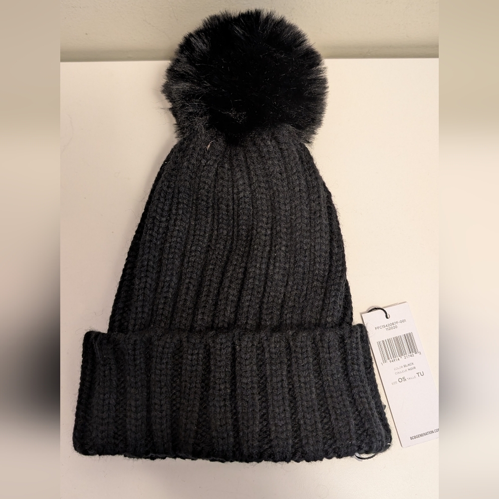 NWT BCBG Black Pom Pom Hat Beanie